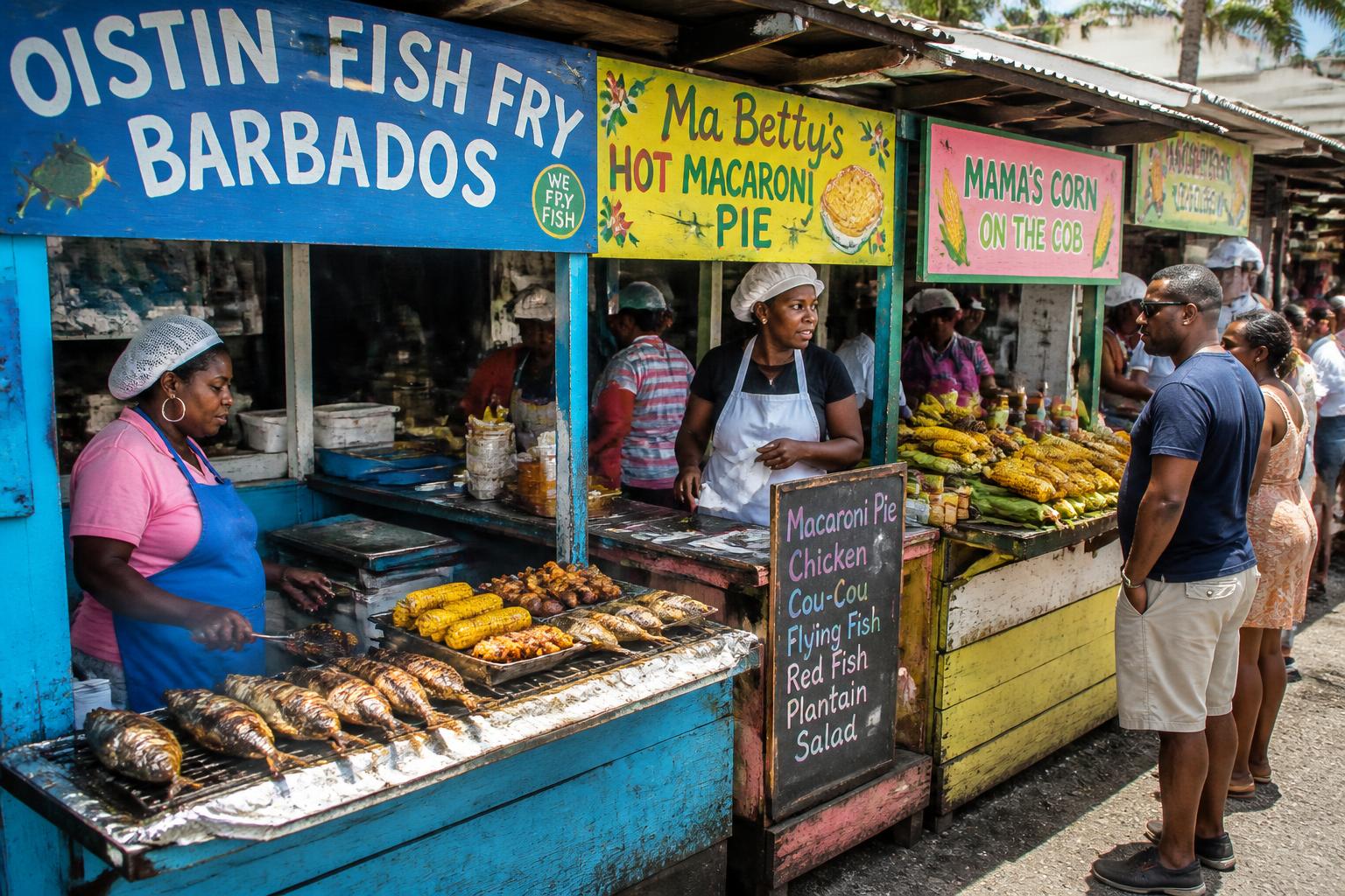 Bajan food market stalls serving grilled fish, macaroni pie and corn