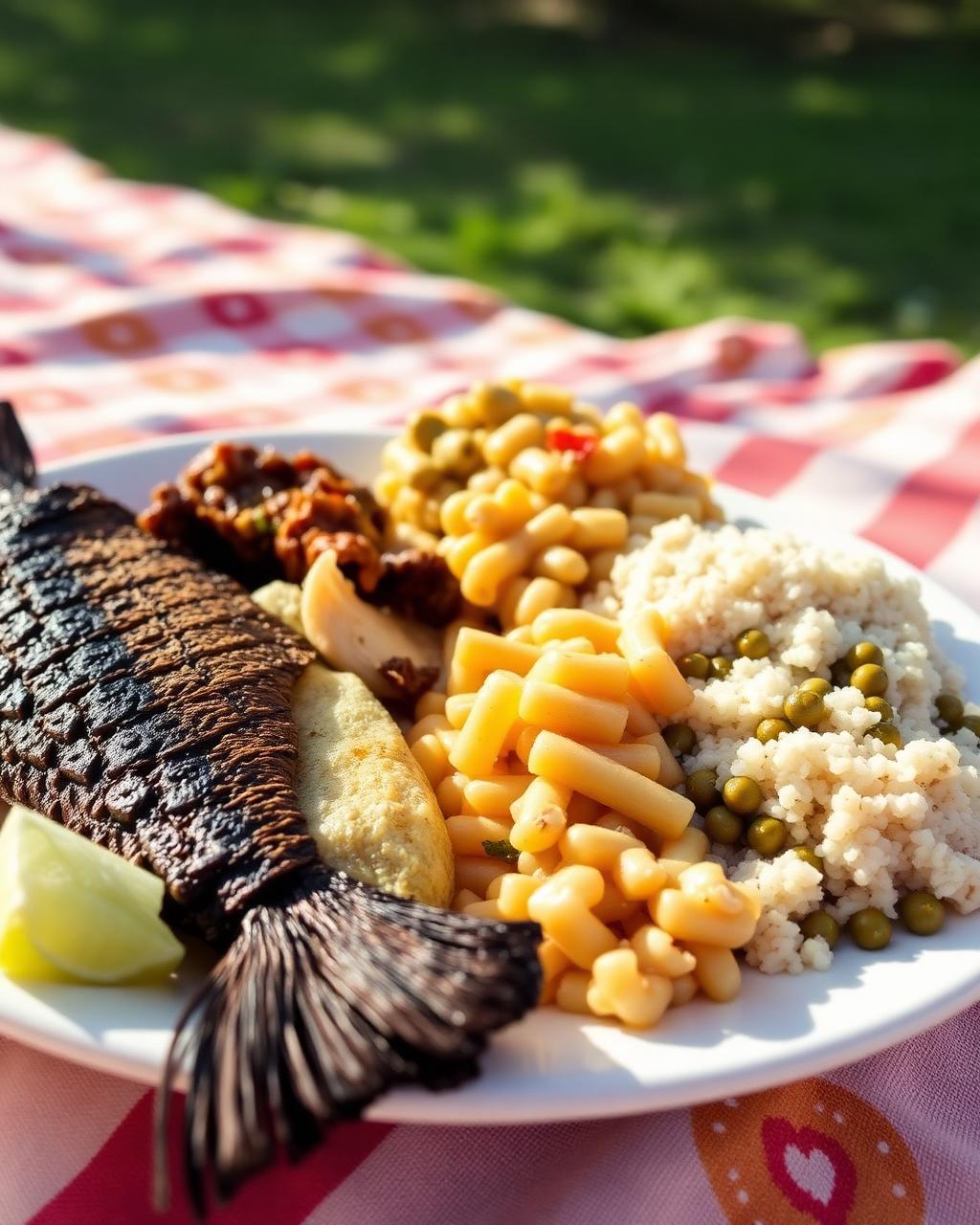 A plate of flying fish, cou-cou and macaroni pie