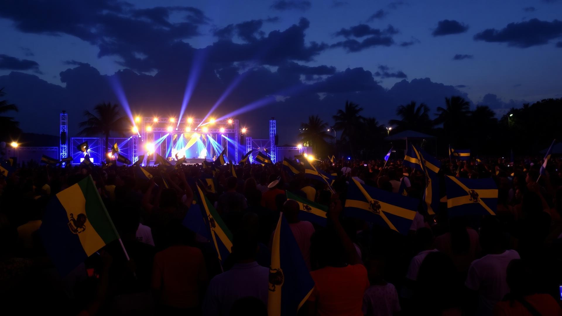 Crowd waving Barbados flags at an evening Independence celebration